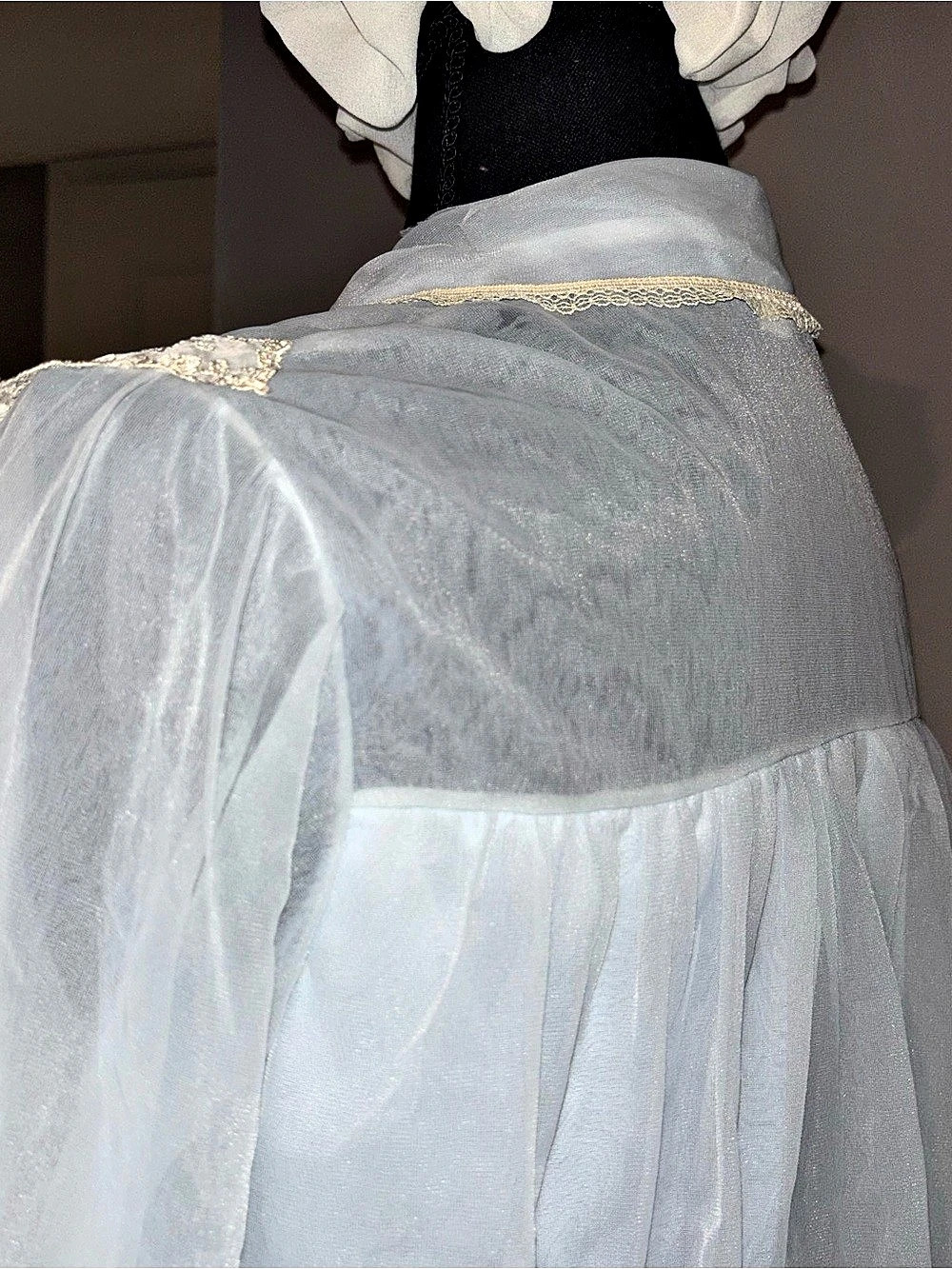 Vintage Miss Siren Blue Sheer Bed Jacket Lace Embroidered Bow Robe Coquette - Picture 7 of 12